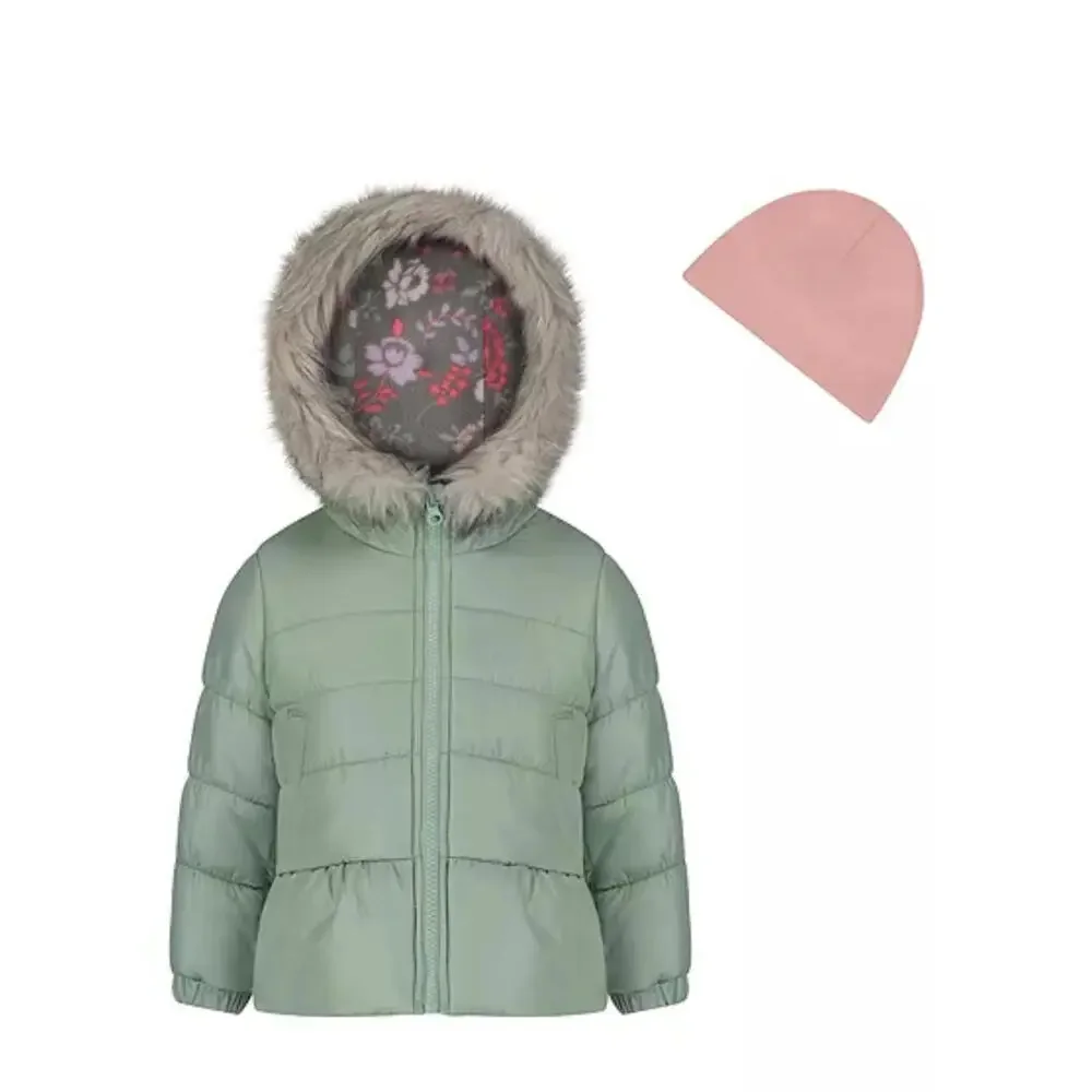 Weathertamer Little Girls Solid with Faux Fur Trim Jacket and Fleece Beanie Set